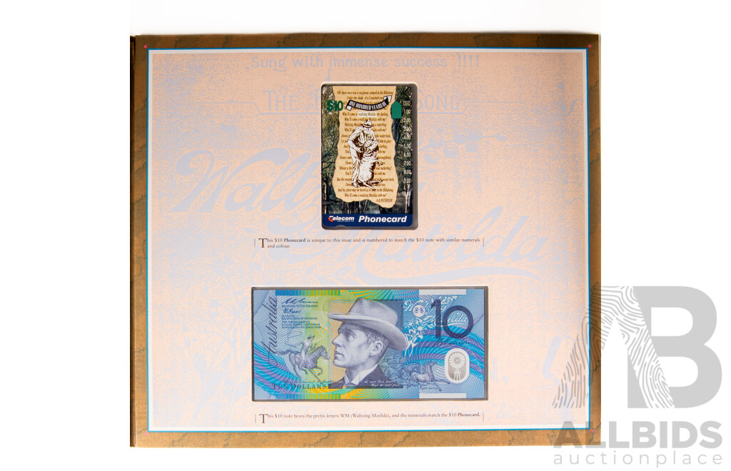 Australian NPA 1995 100th Anniversary of Waltzing Matilda Ten Dollar Note and Phone Card Set, Red Serial Numbers