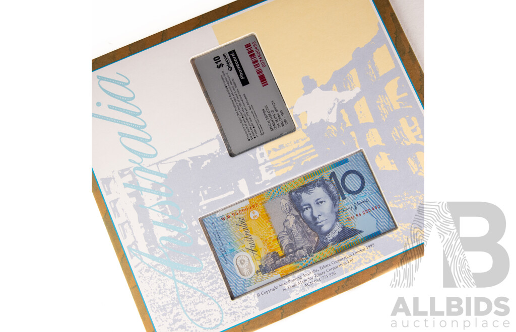 Australian NPA 1995 100th Anniversary of Waltzing Matilda Ten Dollar Note and Phone Card Set, Red Serial Numbers