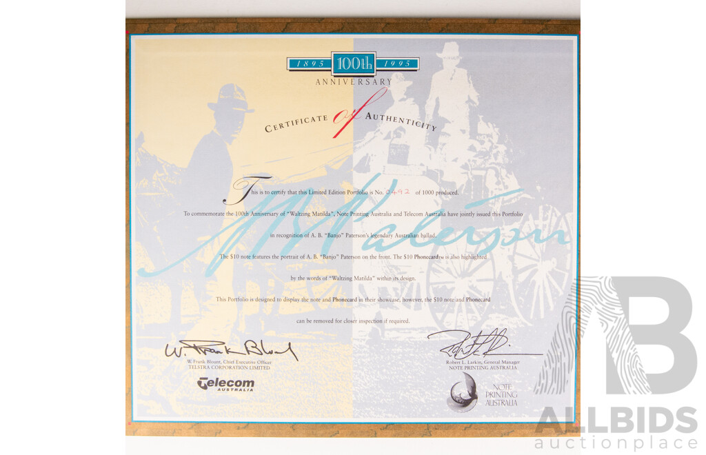 Australian NPA 1995 100th Anniversary of Waltzing Matilda Ten Dollar Note and Phone Card Set, Red Serial Numbers