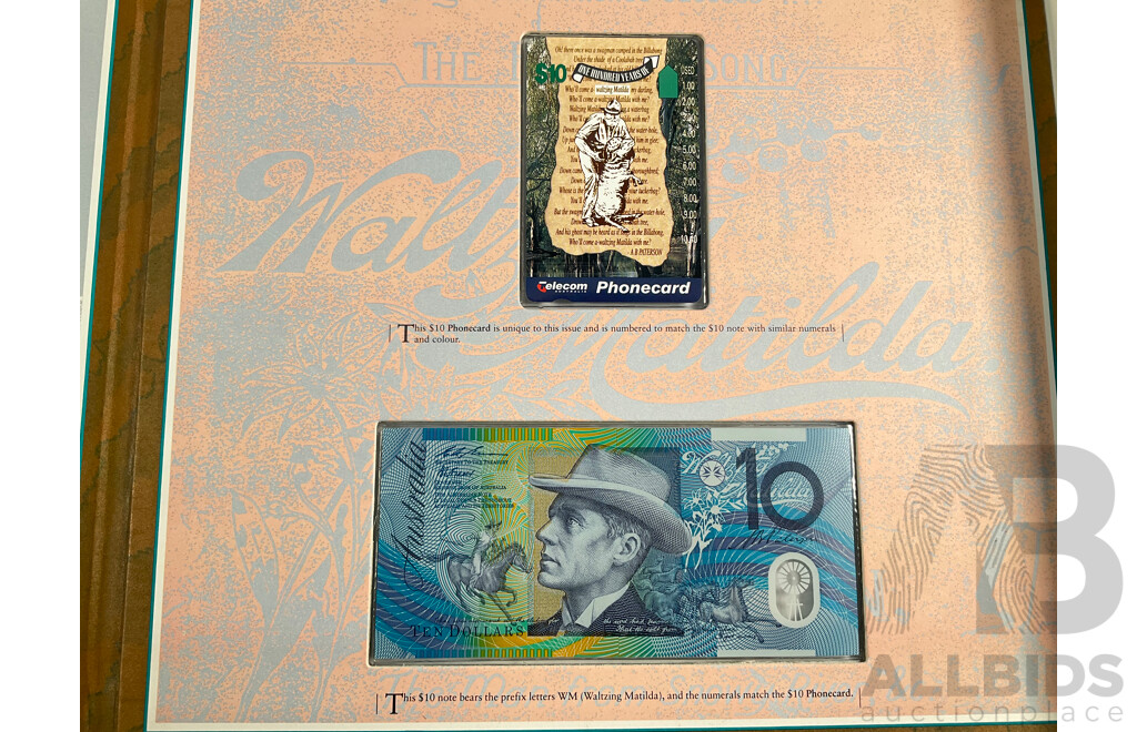 Australian NPA 1995 100th Anniversary of Waltzing Matilda Ten Dollar Note and Phone Card Set
