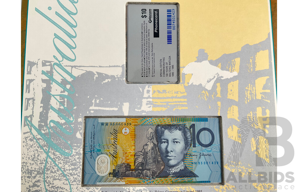 Australian NPA 1995 100th Anniversary of Waltzing Matilda Ten Dollar Note and Phone Card Set