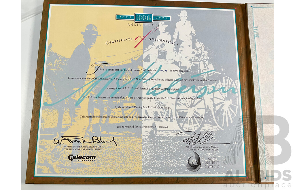 Australian NPA 1995 100th Anniversary of Waltzing Matilda Ten Dollar Note and Phone Card Set