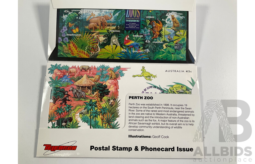 Australian Roam Pacific Apollo II 25th Anniversary Phone Card Set, Stamp and Phone Card Commemorative Packs Including Perth Zoo, Blue Swan Stamp and Australian Wildlife Fund - Stamp Face Value $42, Phone Cards $129