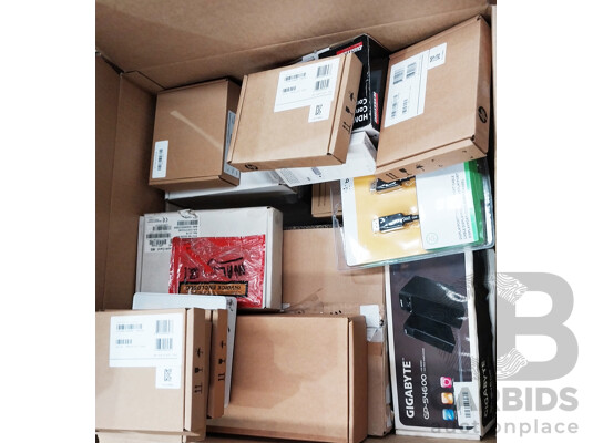 Box of Assorted Hardware, Routers, Speakers, Network Cards Accessories, Display Adapters and More