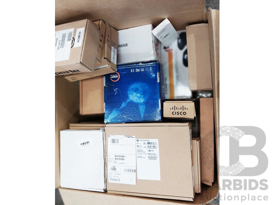 Box of Assorted Hardware, Mini ITX Motherboard, Microphones, Batteries, Accessories, Display Adapters and More