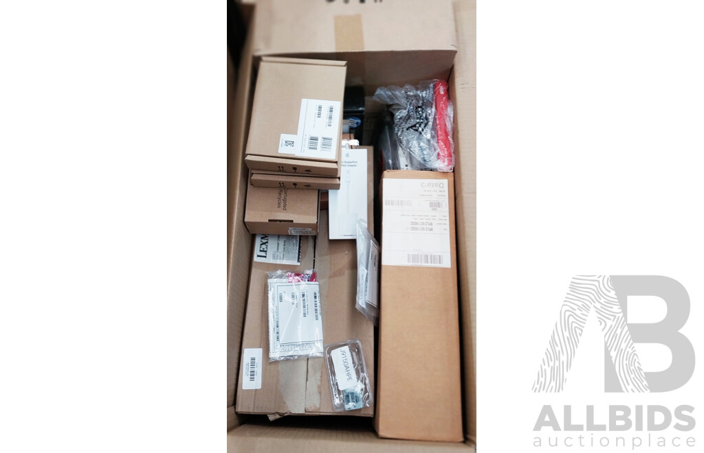 Box of Assorted Hardware, Accessories, Display Adapters and More