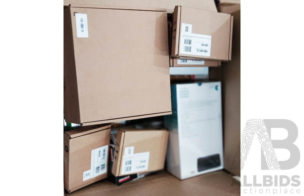 Box of Assorted Hardware, Routers, Speakers, Network Cards Accessories, Display Adapters and More