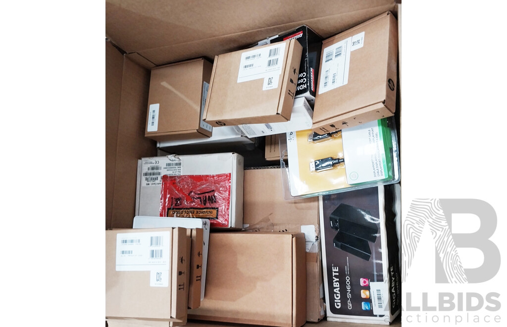 Box of Assorted Hardware, Routers, Speakers, Network Cards Accessories, Display Adapters and More