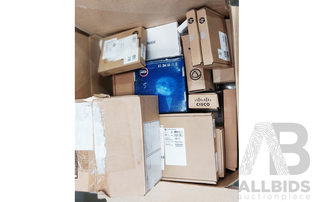 Box of Assorted Hardware, Mini ITX Motherboard, Microphones, Batteries, Accessories, Display Adapters and More