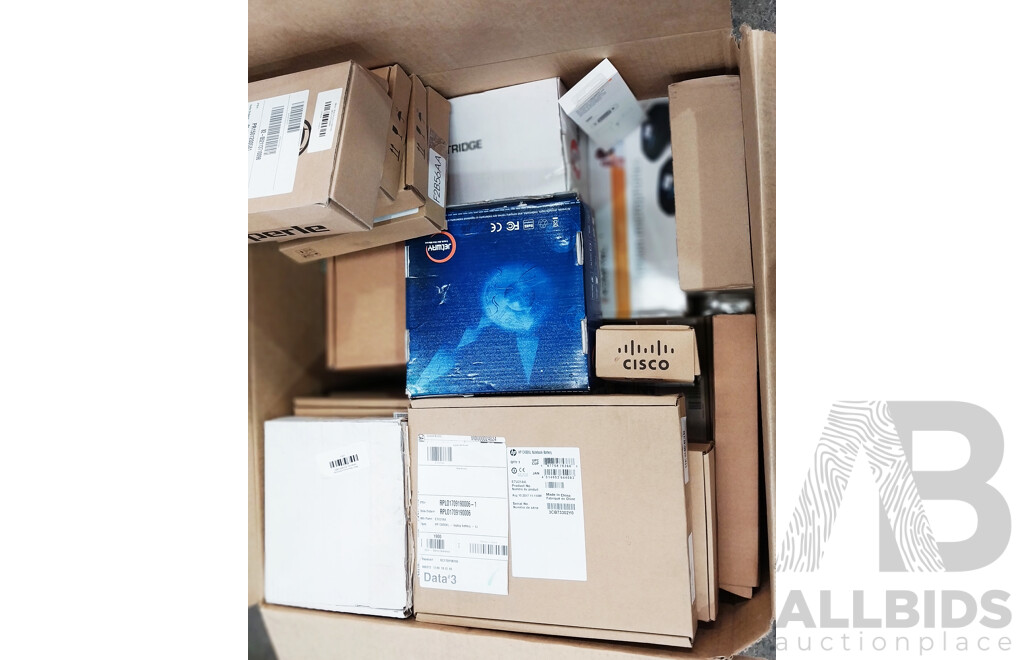 Box of Assorted Hardware, Mini ITX Motherboard, Microphones, Batteries, Accessories, Display Adapters and More