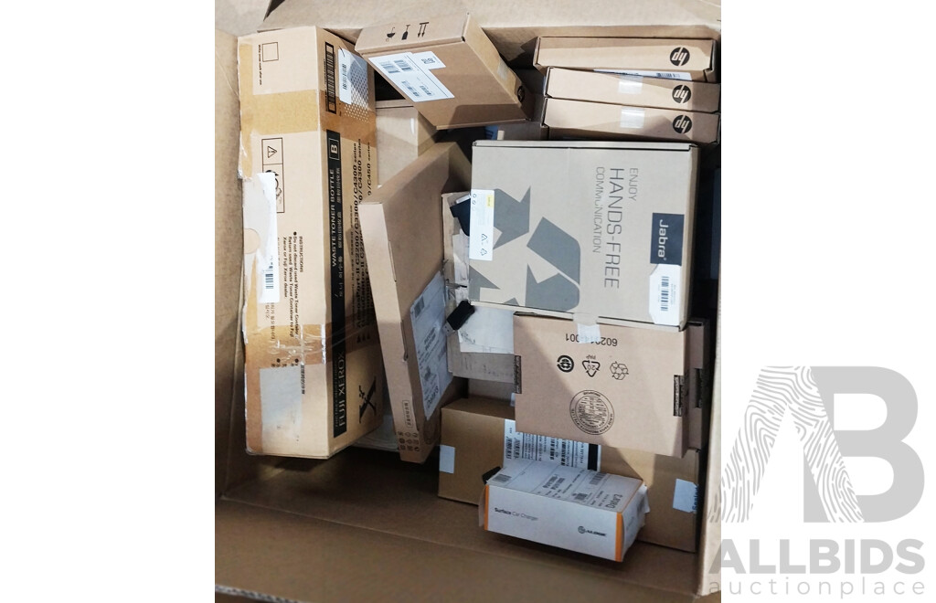 Box of Assorted Hardware, Hard Drive, Network Cables, Accessories, Display Adapters and More