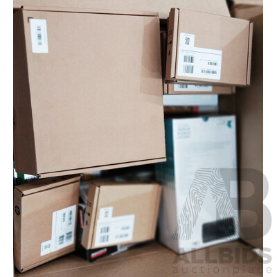 Box of Assorted Hardware, Routers, Speakers, Network Cards Accessories, Display Adapters and More