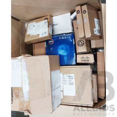 Box of Assorted Hardware, Mini ITX Motherboard, Microphones, Batteries, Accessories, Display Adapters and More