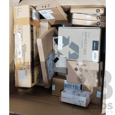 Box of Assorted Hardware, Hard Drive, Network Cables, Accessories, Display Adapters and More