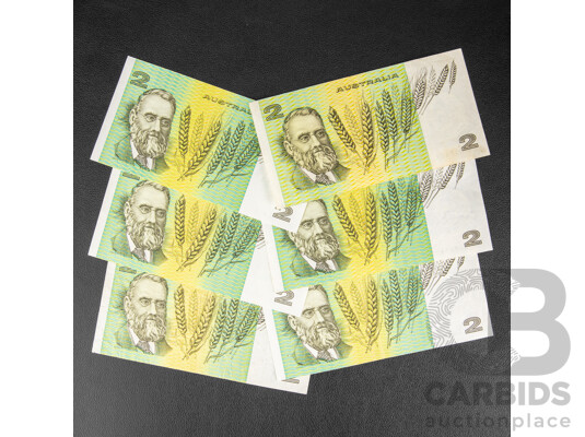 Six Australian Two Dollar Notes Including Five 1985 Johnston/Fraser R89, 1976 Knight Wheeler R86c