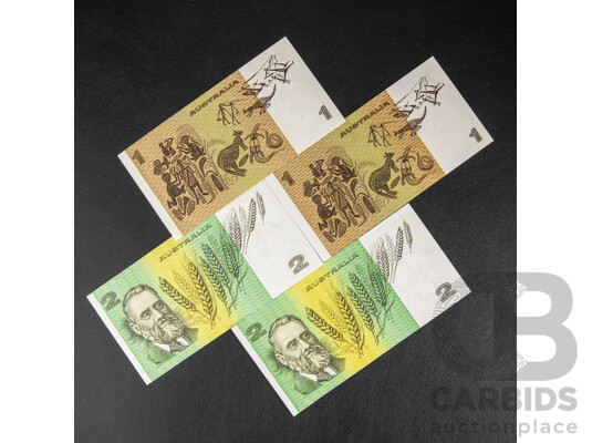 Two Australian 1985 Two Dollar Notes, Johnston/Fraser R89, Consecutive LPB759508 - LPB759509, Two 1982 One Dollar Notes, Johnston/Fraser R78