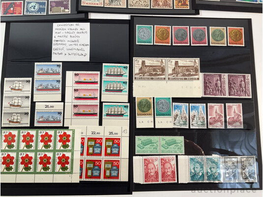 Collection of Mint Stamps, Blocks and Pairs Including Germany, Belgium, Luxembourg, Greece, Switzerland, Poland, United Kingdom