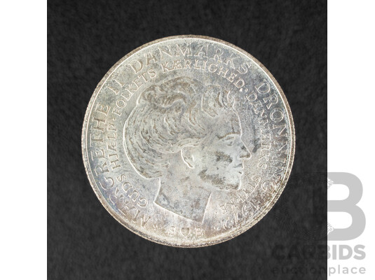 Denmark 1972 Silver Ten Kroner Coin, Death of Frederik IX and Accession of Margrethe II  .800