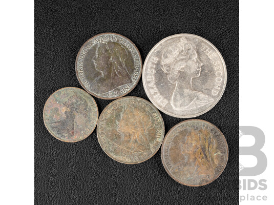 Great Britain QV 1866 Half Penny, with 1896, 1897, 1901 Pennies and St Helena 1973 Twenty Five Pence Coin, 300th Anniversary of St. Helena