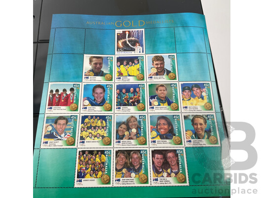 Australian 2000 Mint Stamp Blocks, Sydney Olympics Gold Medalists Hockey, Swimming, Equestrian