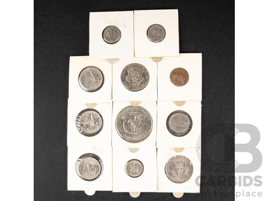 Collection of USA Coins Including 1974 Eisenhower Dollar, 1972, 1974 Kennedy Half Dollars, Two 1976 Bicentennial, 1982 Quarters, 1964 Five Cents, 1971, 1973, 1975D Dimes, 1969 One Cent