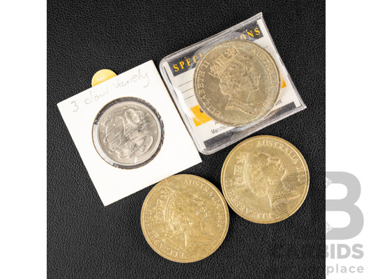 Three Australian 1988 Five Dollar Coins, Bicentennial, 1981canadian Mint Twenty Cent Coin, Three and Half Claw Variety,