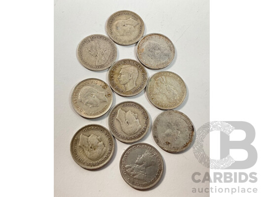 Ten Australian Silver Sixpence Including 1912, 1914, 1926, 1936, 1939, 1940, 1941,1942, 1942D, 1942S   .925