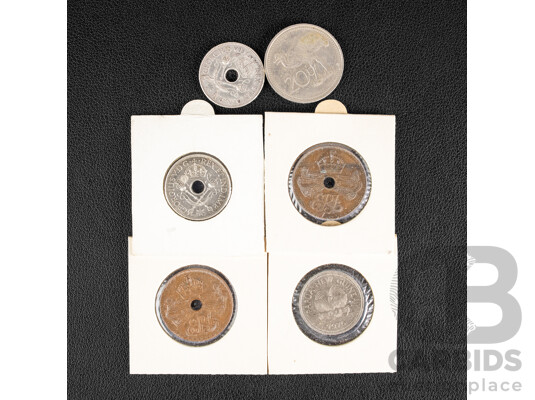Collection of Papua New Guinea Coins Including 1935 and 1936 Silver Shillings, Two 1936 Pennies, 1975 Twenty Toea Coin, 1976 Ten Toea Coin