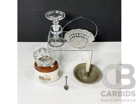 The Salisbury Hotel Silver Plate Candle Holder, Heavy Glass Candle Stick Holder, Cut Glass Tri Footed Glass Bowl, Ruffle Edged Sugar Bowl, Italian Biscuit Jar