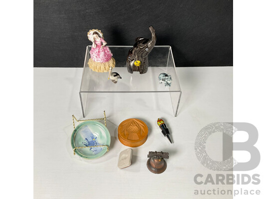 Collection of Vintage Ornaments Including Ceramic Birds, Murano Style Wine Stopper, Thailand Carved Stone Elephant, Carved Timber Elephant, Timber Shortbread Print Stamp and Emu Stamp, Souvenir Liberty Bell and More