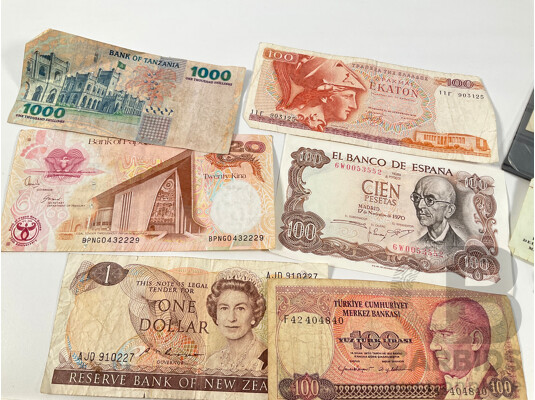Collection of Vintage Banknotes and Cheques Including Philippines, Samoa, New Zealand, PNG, Greece, Tanzania, Turkiye, Argentina, Croatia, Noumea, Italy, Spain, Germany