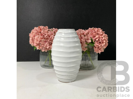 Pair of Stylish Glass Jar Vases with Artificial Flowers and Glazed Pottery Vase