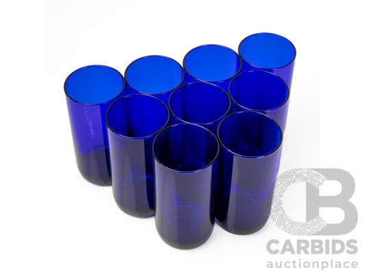 Nine Vintage Libbey Glass Cobalt Blue Metropolitan Tumblers