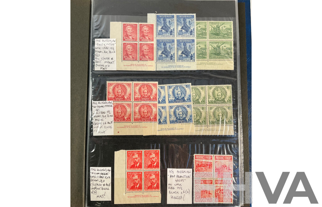 Album of Australian Predecimal Stamp Blocks Including 1937 John Ash NSW Sesquicentenary and Queen Mother, 1947 Newcastle, 1946 Thomas Mitchell Set, 1963 Royal Visit, Antarctic Territory and More