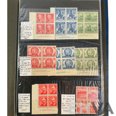Album of Australian Predecimal Stamp Blocks Including 1937 John Ash NSW Sesquicentenary and Queen Mother, 1947 Newcastle, 1946 Thomas Mitchell Set, 1963 Royal Visit, Antarctic Territory and More
