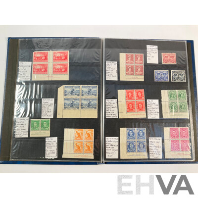 Album of Australian Predecimal Stamp Blocks Including 1937 John Ash NSW Sesquicentenary and Queen Mother, 1947 Newcastle, 1946 Thomas Mitchell Set, 1963 Royal Visit, Antarctic Territory and More