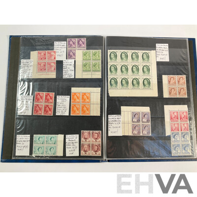 Album of Australian Predecimal Stamp Blocks Including 1937 John Ash NSW Sesquicentenary and Queen Mother, 1947 Newcastle, 1946 Thomas Mitchell Set, 1963 Royal Visit, Antarctic Territory and More
