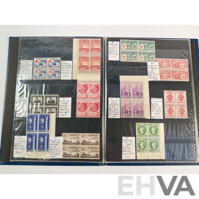 Album of Australian Predecimal Stamp Blocks Including 1937 John Ash NSW Sesquicentenary and Queen Mother, 1947 Newcastle, 1946 Thomas Mitchell Set, 1963 Royal Visit, Antarctic Territory and More