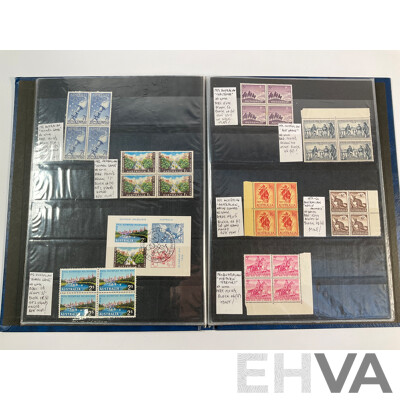 Album of Australian Predecimal Stamp Blocks Including 1937 John Ash NSW Sesquicentenary and Queen Mother, 1947 Newcastle, 1946 Thomas Mitchell Set, 1963 Royal Visit, Antarctic Territory and More