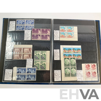 Album of Australian Predecimal Stamp Blocks Including 1937 John Ash NSW Sesquicentenary and Queen Mother, 1947 Newcastle, 1946 Thomas Mitchell Set, 1963 Royal Visit, Antarctic Territory and More
