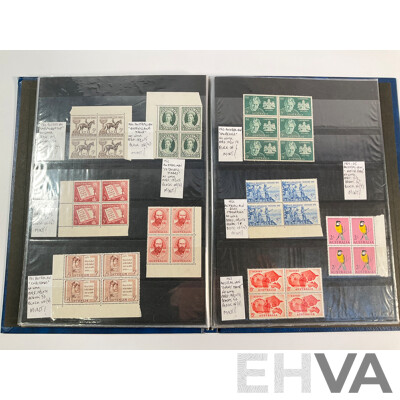 Album of Australian Predecimal Stamp Blocks Including 1937 John Ash NSW Sesquicentenary and Queen Mother, 1947 Newcastle, 1946 Thomas Mitchell Set, 1963 Royal Visit, Antarctic Territory and More