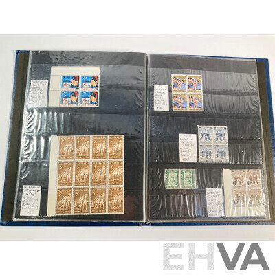 Album of Australian Predecimal Stamp Blocks Including 1937 John Ash NSW Sesquicentenary and Queen Mother, 1947 Newcastle, 1946 Thomas Mitchell Set, 1963 Royal Visit, Antarctic Territory and More