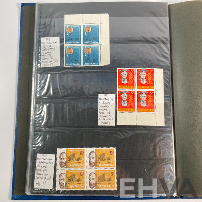 Album of Australian Predecimal Stamp Blocks Including 1937 John Ash NSW Sesquicentenary and Queen Mother, 1947 Newcastle, 1946 Thomas Mitchell Set, 1963 Royal Visit, Antarctic Territory and More