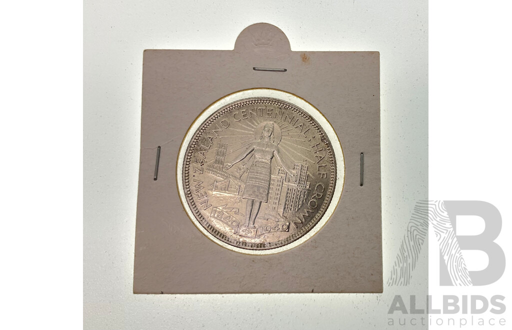 New Zealand 1940 Silver Half Crown, Commemorative Centennial, High Grade .500