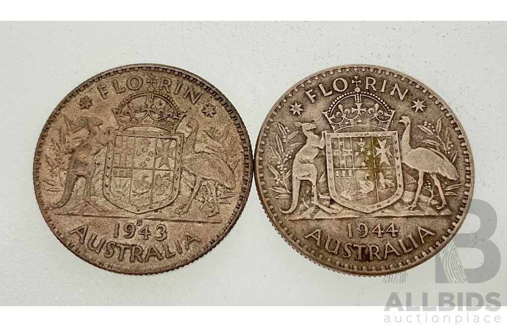 Two Australian KGVI Silver Florins, 1943S and 1944 .925