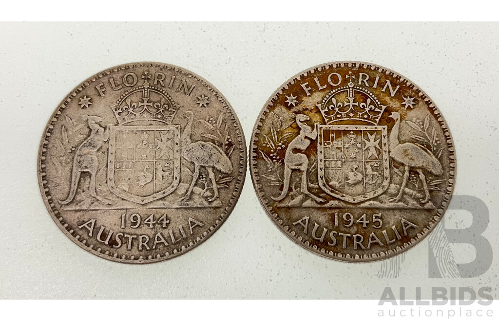 Two Australian KGVI Silver Florins, 1944 and 1945 .925