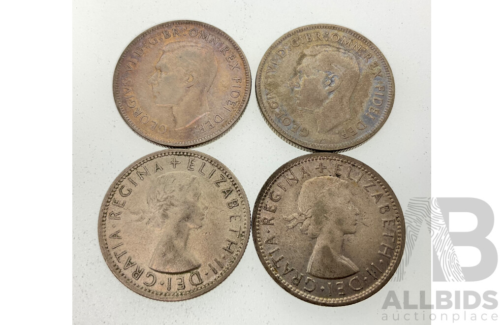 Four Australian KGVI/QE2 Silver Florins, 1951, 1952, 1953, 1954 .500