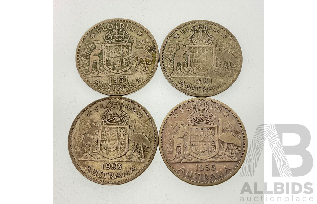 Four Australian KGVI/QE2 Silver Florins, 1951(2) 1953, 1956  .500
