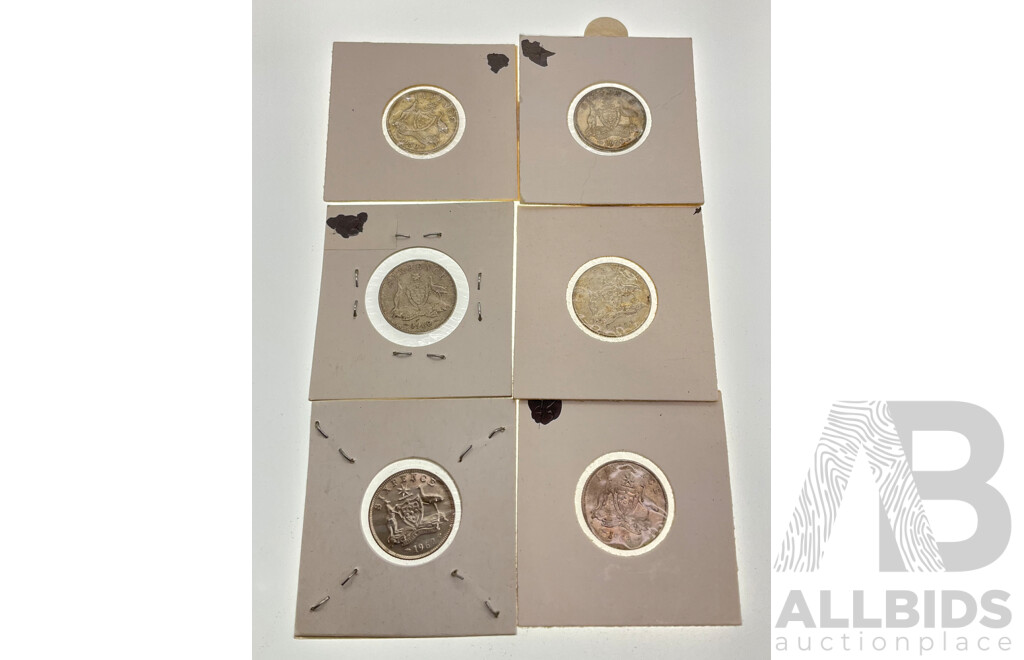 Six Australian KGVI/QE2 Silver Sixpence, 1950, 1959, 1960, 1961, 1962, 1963  .500