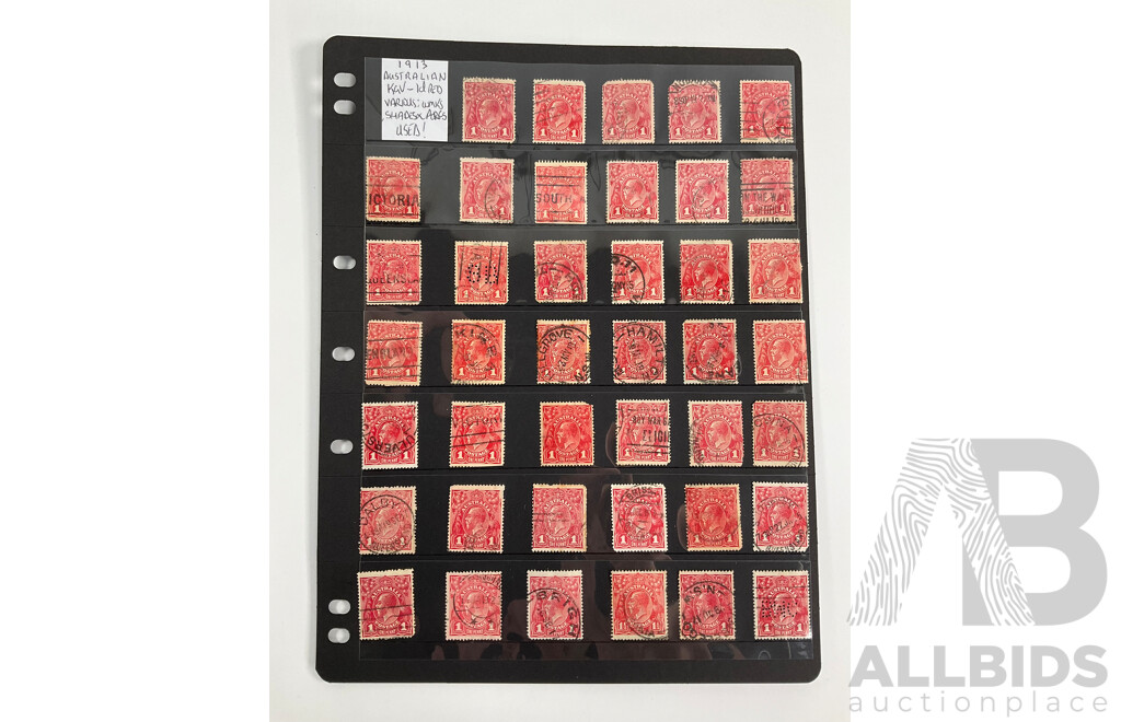 Australian 1913 KGV One Penny Stamps, Various Water Marks and Shades, Some Perforated